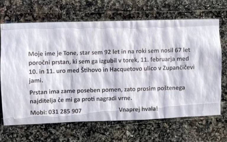 Pomagajmo 92-letnemu Tonetu! Po 67 letih je izgubil prstan in ga išče.