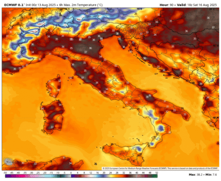 V soboto bo na Goriškem lahko spet blizu 40 °C(vir weatherbell)