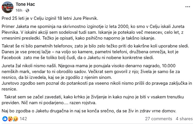 Screenshot / Facebook stran "Kje je Jaka?"